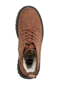 Stivaletto in pelle marrone con design con lacci, zip laterale e suola in gomma texturizzata. Interno foderato con materiale morbido per il massimo comfort.