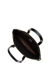 Czarna skórzana torebka z złotymi akcentami, zamknięcie na zamek błyskawiczny i dwie rączki. Wnętrze ma brązowe wykończenie i kilka przegródek.