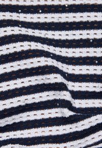 Knit fabric featuring alternating navy and white stripes, with a textured open weave and scattered clear embellishments.