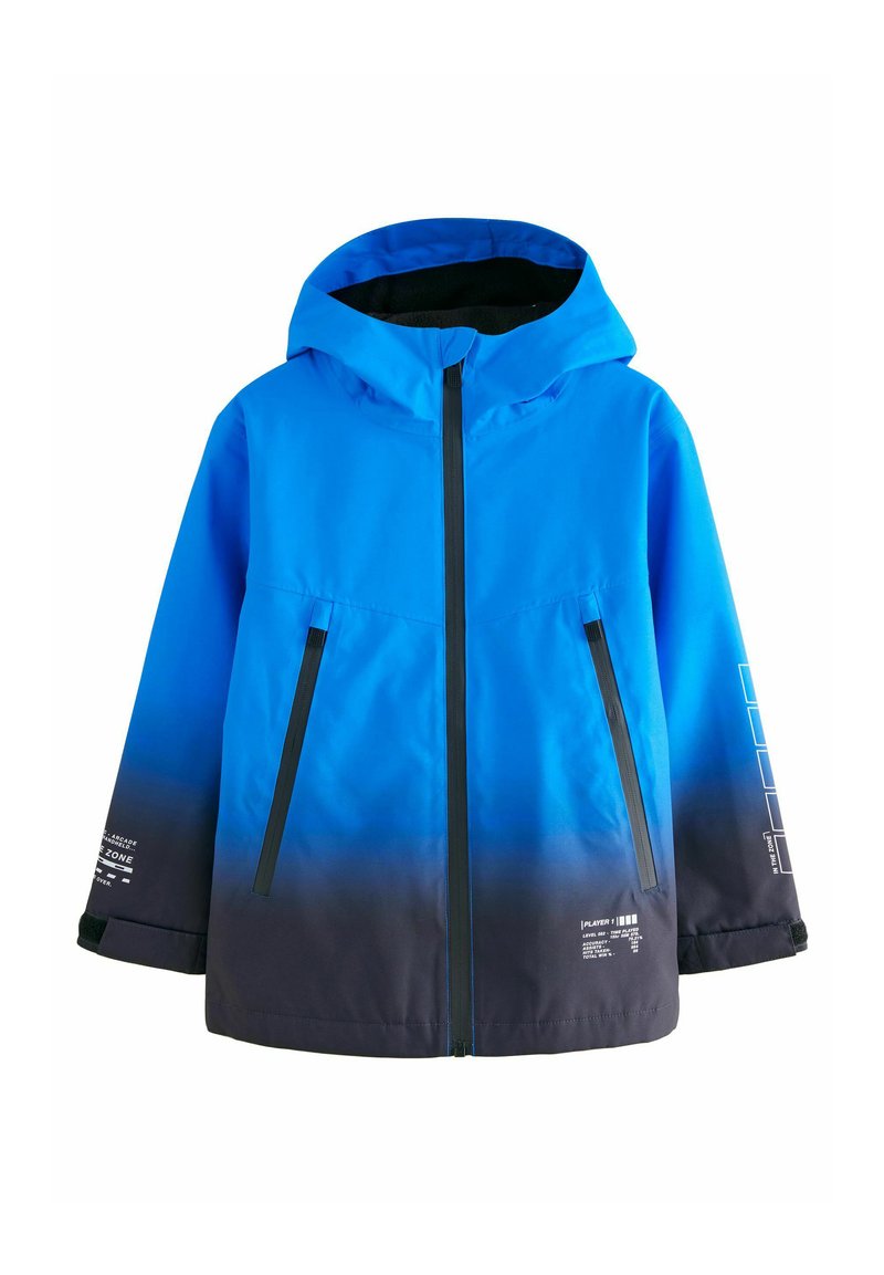 Blau-schwarze Gradient-Jacke mit Kapuze, ausgestattet mit Reißverschlusstaschen und bedruckten Grafiken auf den Ärmeln. Wasserdichtes Material.