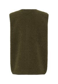 Veste polaire sans manches vert foncé avec une surface douce et texturée, montrée de dos sur un fond blanc.