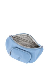 Borsa pouch in nylon blu con un vano principale con zip e una tasca frontale con zip. L'interno presenta un motivo a logo ripetuto in grigio chiaro.