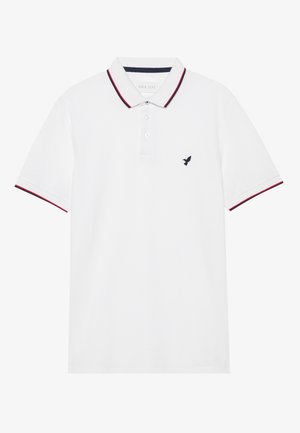 Fehér póló, három gombos gallérral, tengerészkék és piros színű gallér díszítéssel, valamint egy kis tengerészkék madár emblémával a mellrészen. Pamut anyag.