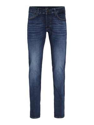 Jean en denim bleu foncé avec une coupe slim, design à cinq poches, décoloration subtile et coutures contrastantes. Fermeture à bouton et passants de ceinture inclus.