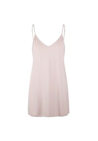 Weiches pinkfarbenes ärmelloses Kleid mit V-Ausschnitt, aus leichtem Stoff gefertigt. Verfügt über dünne, verstellbare Träger und eine lässige Passform.