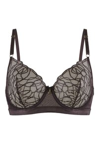 Draadloze beha in donkerbruin met doorschijnende kantcups met een wervelend zwart patroon. Verstelbare bandjes en een klein decoratief hangertje in het midden.