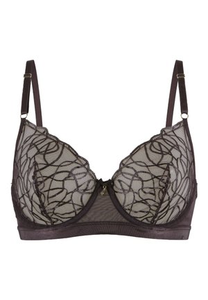 Wireless bra in dark brown with sheer lace cups featuring a swirling black pattern. Adjustable straps and a small decorative charm at the center.