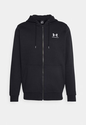 Svart zip-up hoodie i bomullsmix, med en dragkedja i fronten, fickor fram och en vit logotyp på vänster bröst. Slät textur.