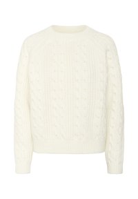 Sweter z warkoczowym splotem w kolorze kremowym, z okrągłym dekoltem i teksturowanym wzorem z akcentami w postaci perełek. Długie rękawy i rypsowy design brzegu.
