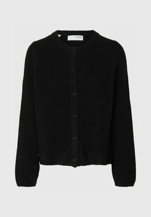 Schwarze Strickjacke mit rundem Halsausschnitt, langen Ärmeln und sechs vorderen Knöpfen. Weicher Stoff und lässige Passform.