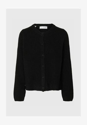 Zwarte gebreide cardigan met een ronde halslijn, lange mouwen en zes knopen aan de voorkant. Zachte textuur en een ontspannen pasvorm.