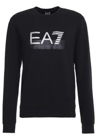 Felpa nera a maniche lunghe in cotone, con logo EA7 lucido e testo "Emporio Armani" sul davanti. Collo rotondo, polsini a costine.