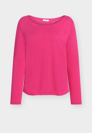 Long-sleeve pink top made from soft fabric, featuring a wide boat neckline and a relaxed fit, with a smooth, slightly textured surface.