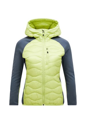 Giacca isolante verde chiaro con cappuccio, caratterizzata da un motivo trapuntato sul davanti e maniche grigie. Include chiusura con zip e tasca sul petto.