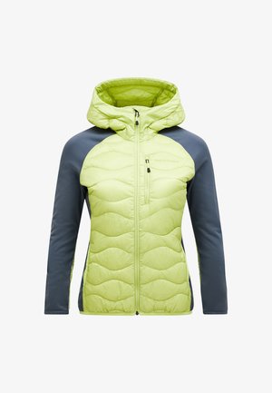 Giacca isolante verde chiaro con cappuccio, caratterizzata da un motivo trapuntato sul davanti e maniche grigie. Include chiusura con zip e tasca sul petto.