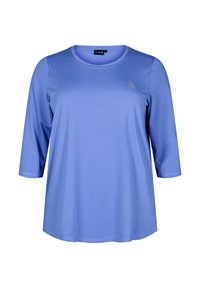 Blauw, lange mouwen atletisch shirt van glad, lichtgewicht materiaal met een ronde hals en een klein gemusterd logo op de borst.