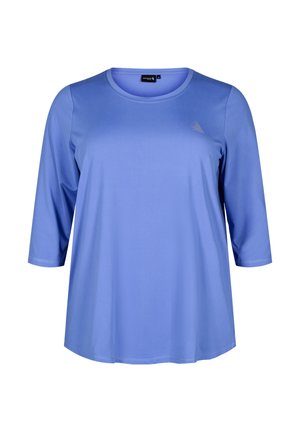 Blauw, lange mouwen atletisch shirt van glad, lichtgewicht materiaal met een ronde hals en een klein gemusterd logo op de borst.