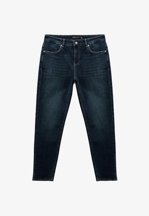 Ciemnoniebieskie dżinsy o slim fit, z pięcioma kieszeniami, zapięciem na guzik i zamek błyskawiczny oraz delikatnym wyblaknięciem materiału.