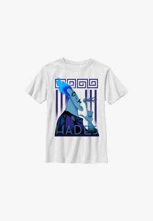 Biały t-shirt z grafiką postaci Hadesa o niebieskiej skórze, z niebieskimi płomieniami na włosach i dymem, otoczony greckim wzorem klucza i tekstem "HADES."