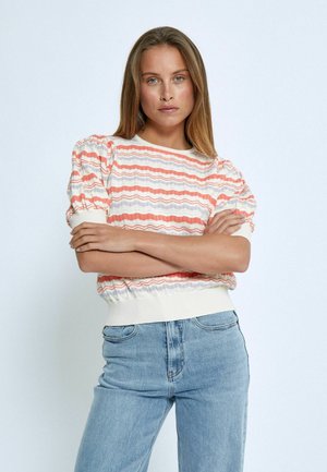 Maglione a maniche corte svasato con motivo a righe orizzontali arancione e bianco. Orlo e polsini a coste, tessuto texture, vestibilità casual.