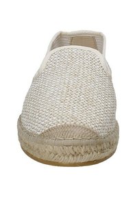 Espadrillas beige slip-on con toma in tessuto intrecciato, punta arrotondata e suola in corda di juta. Design semplice con una texture leggera e liscia in tutto.