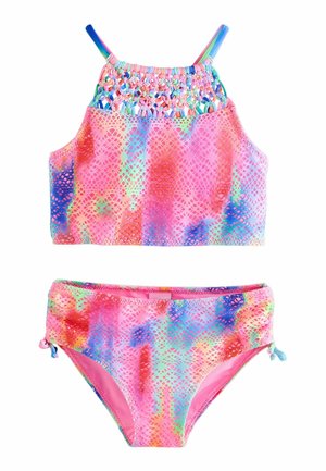 Zweiteiliger bunter Mädchen-Badeanzug mit pinken, blauen, grünen und orangefarbenen Mustern, gerafftem Oberteil mit geflochtenen Trägern und Seitenschnürung am Unterteil.