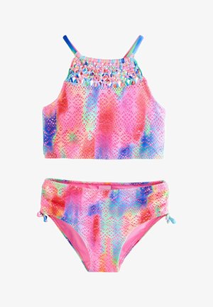 Zweiteiliger bunter Mädchen-Badeanzug mit pinken, blauen, grünen und orangefarbenen Mustern, gerafftem Oberteil mit geflochtenen Trägern und Seitenschnürung am Unterteil.