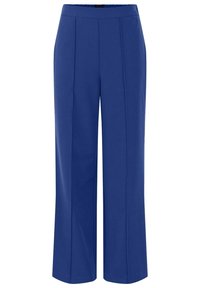 Modré široké kalhoty s plochým předním dílem, dvěma předními sklady a hladkým textilním povrchem. Mají středně vysoký pas pro pohodlí.