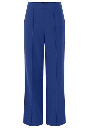 Blauwe wijde broek met een vlakke voorzijde, twee voorplooien en een gladde stoftextuur. Voorzien van een middelhoge tailleband voor comfort.