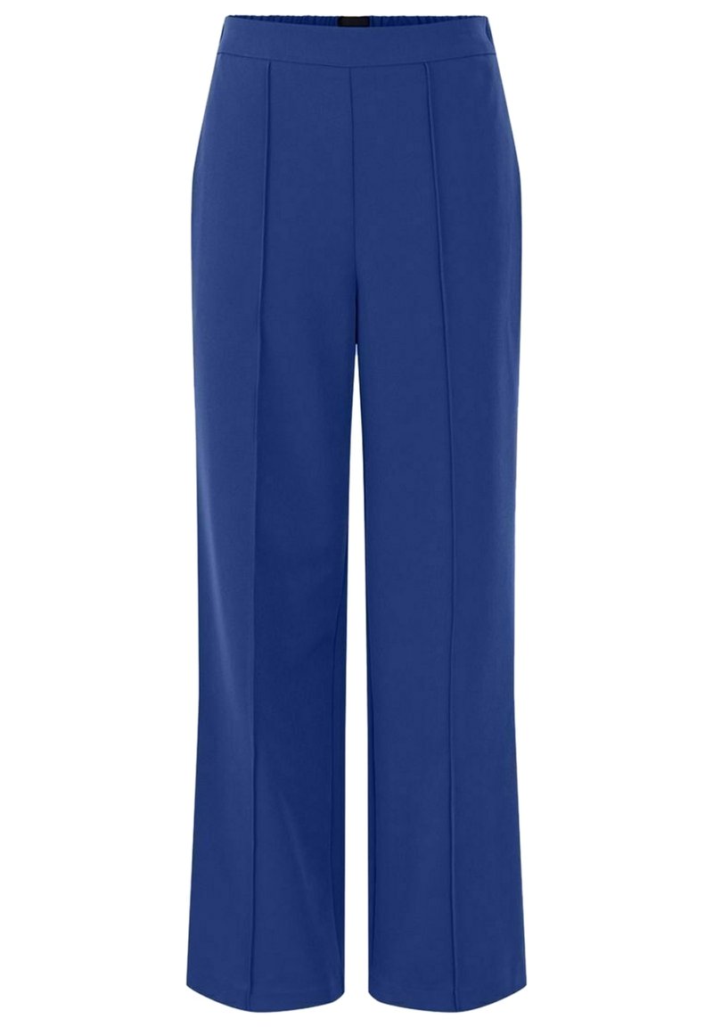 Modré široké kalhoty s plochým předním dílem, dvěma předními sklady a hladkým textilním povrchem. Mají středně vysoký pas pro pohodlí.