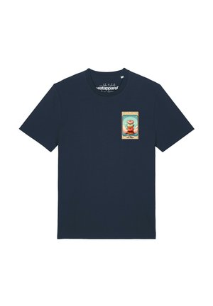 T-shirt marine à manches courtes avec un petit graphique coloré de burgers empilés et le texte "The Teller" sur le côté gauche de la poitrine.