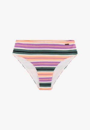 Hoog uitgesneden bikinibroekje met een gestructureerde stof en horizontale strepen in paars, roze, perzik, zwart en wit.