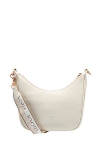 Borsa a spalla in pelle crema con forma curva. Presenta una chiusura con zip, hardware laterale e una tracolla staccabile con motivo "JOOP!".