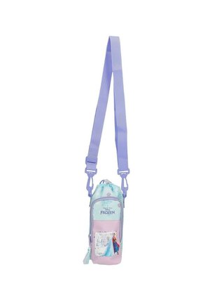 Bolso pequeño de hombro con temática de Frozen, con correa púrpura ajustable y bolsillo con cremallera, con los personajes Anna y Elsa en la parte delantera.