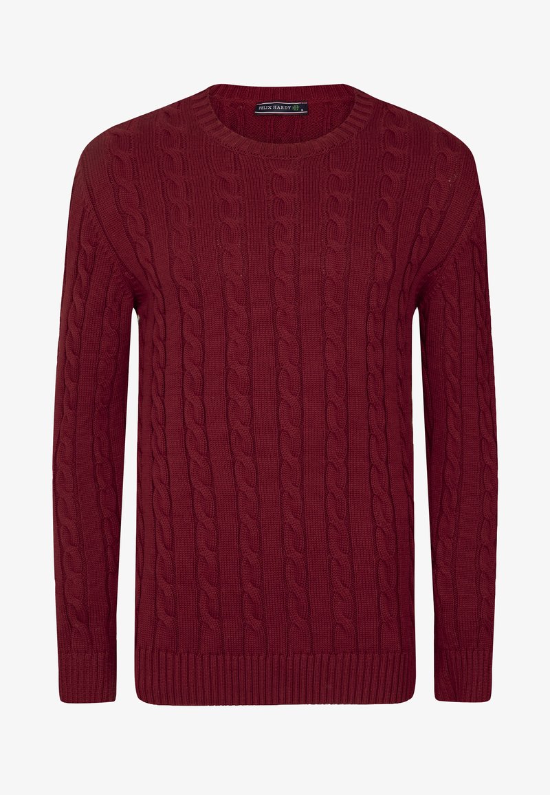 Roter, kabelgestrickter Pullover mit rundem Halsausschnitt und langen Ärmeln. Mit strukturiertem Muster durchzogen, gerippte Bündchen und Saum. Hergestellt aus weichem, warmem Stoff.