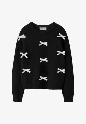 Czarny sweter z białymi kokardkami haftowanymi z przodu, okrągłym dekoltem oraz prążkowanymi mankietami i hemem. Miękka faktura, swobodny fason.