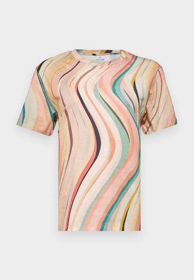 Kortermet T-skjorte laget av mykt stoff med et flerfarget bølgete mønster i nyanser av rosa, teal og gul, med rund hals.