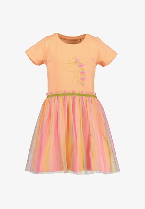 Sukienka z krótkim rękawem z pomarańczową bawełnianą górą i spódnicą z różowego, żółtego i białego tiulu; ozdobiona haftem jednorożca i zielonym paskiem w talii.