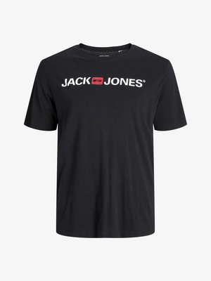 Czarny bawełniany t-shirt z krótkimi rękawami i okrągłym dekoltem. Posiada biały napis "JACK" oraz "JONES" z czerwoną akcentacją pomiędzy.
