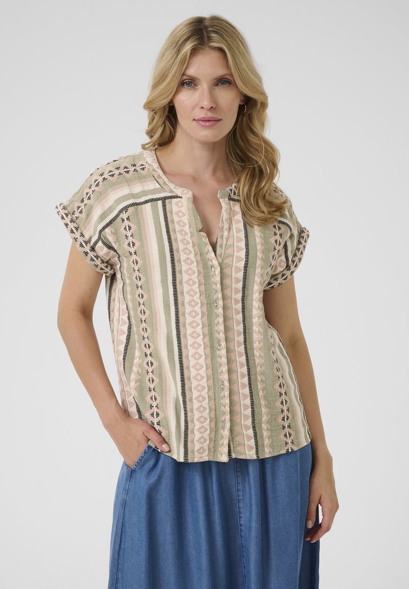 Blusa in tessuto leggero con maniche corte e bottoni, caratterizzata da strisce verticali in tonalità pastello di rosa, verde e nero.