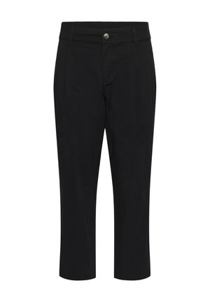 Crne hlače srednjeg struka s kopčanjem na gumb, petljama za remen, prednjim nabora i ravnim skraćenim nogavicama.
