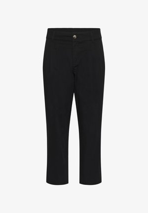 Pantalon noir taille mi-haute avec fermeture à bouton, passants de ceinture, plis avant et jambes droites coupées.