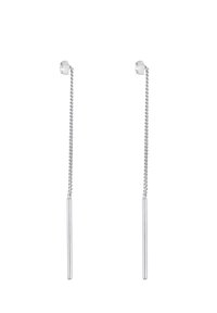 Silberne Tropfohrringe mit einer dünnen Kette und einem geraden zylindrischen Stab, die durch glänzendes, poliertes Metall und ein minimalistisches Design bestechen.