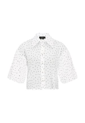 Cămașă albă cu mâneci scurte, voluminioase, având un sistem de închidere cu butoane în față și buline negre pe întreaga suprafață.