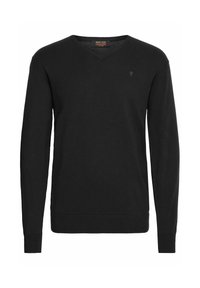 Black V-neck sweater made of soft knit material, featuring long sleeves and a subtle logo on the chest. Standard fit with ribbed cuffs.