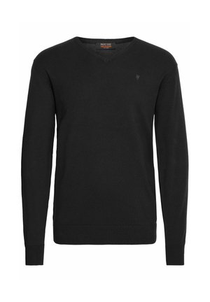 Suéter negro de cuello en V, hecho de un material de punto suave, con mangas largas y un sutil logotipo en el pecho. Corte estándar con puños acanalados.