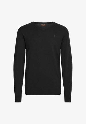 Suéter negro de cuello en V, hecho de un material de punto suave, con mangas largas y un sutil logotipo en el pecho. Corte estándar con puños acanalados.