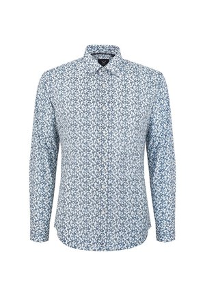 Koszula z długim rękawem, z białą podstawą i niebieskim kwiatowym wzorem, z kołnierzykiem zapinanym na guziki oraz dopasowanym krojem. Gładka faktura materiału.