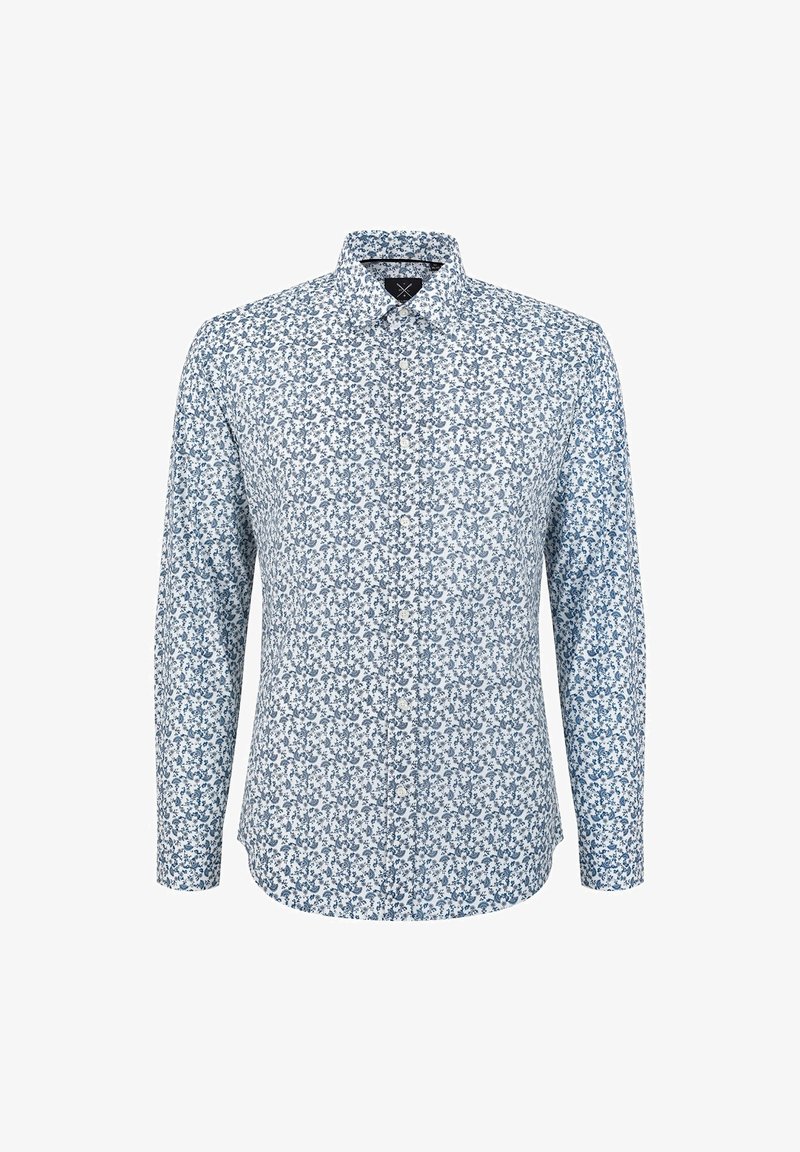 Koszula z długim rękawem, z białą podstawą i niebieskim kwiatowym wzorem, z kołnierzykiem zapinanym na guziki oraz dopasowanym krojem. Gładka faktura materiału.