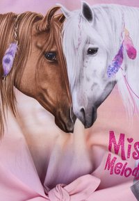 Grafica di due cavalli, uno marrone e uno bianco, con dettagli accurati. Uno sfondo rosa, criniera intrecciata, piume decorative e testo glitterato.